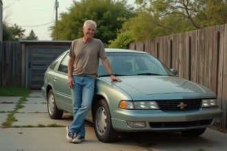 Homme d'âge moyen près d'une Aztek vintage en extérieur