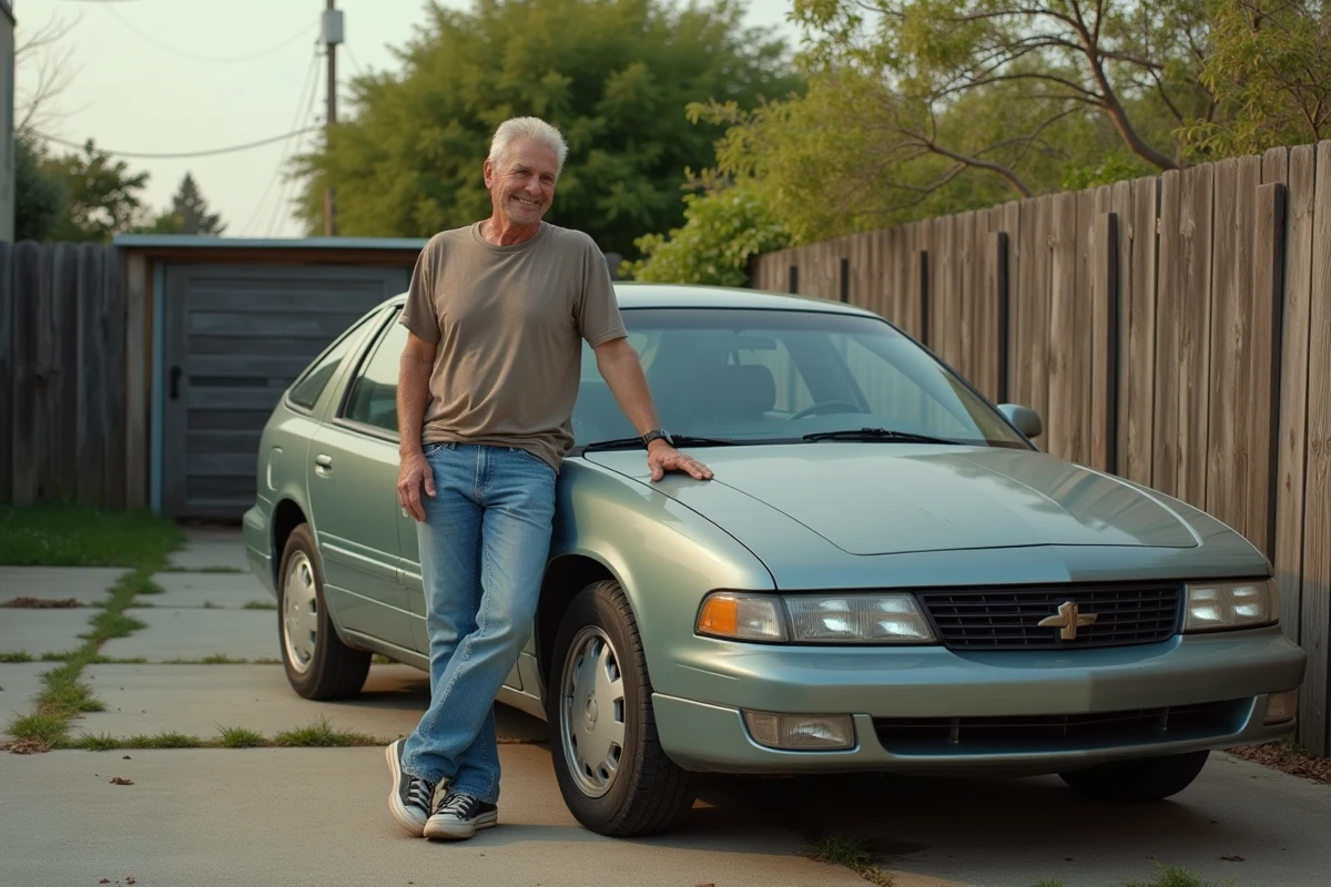 Homme d'âge moyen près d'une Aztek vintage en extérieur