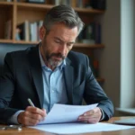 Homme professionnel en veste sombre révisant des documents administratifs pour une demande VTC par équivalence à son bureau