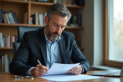 Homme professionnel en veste sombre révisant des documents administratifs pour une demande VTC par équivalence à son bureau