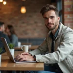 Homme assis au café tapant une revue sur son ordinateur portable
