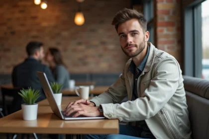 Homme assis au café tapant une revue sur son ordinateur portable