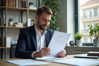 Homme examinant un certificat de non gage dans un bureau