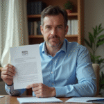 Homme d'âge moyen tenant un certificat officiel dans un salon lumineux