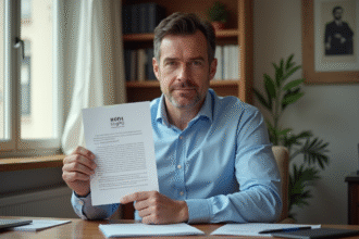 Homme d'âge moyen tenant un certificat officiel dans un salon lumineux