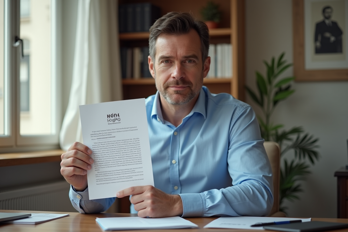 Homme d'âge moyen tenant un certificat officiel dans un salon lumineux