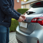 Homme attachant une nouvelle plaque sur une voiture