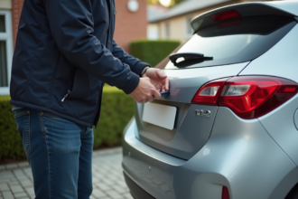 Homme attachant une nouvelle plaque sur une voiture