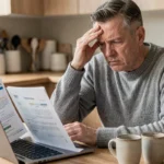 Homme inquiet comparant des offres d'assurance auto après résiliation sur un ordinateur portable à la maison