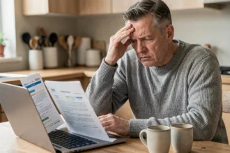 Homme inquiet comparant des offres d'assurance auto après résiliation sur un ordinateur portable à la maison