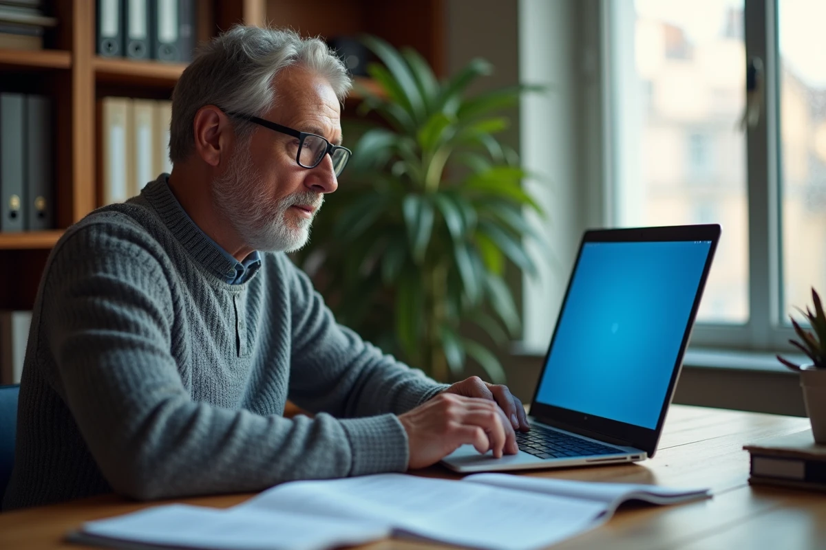Homme consultant un document administratif italien tout en rédigeant une réponse en ligne sur son ordinateur portable