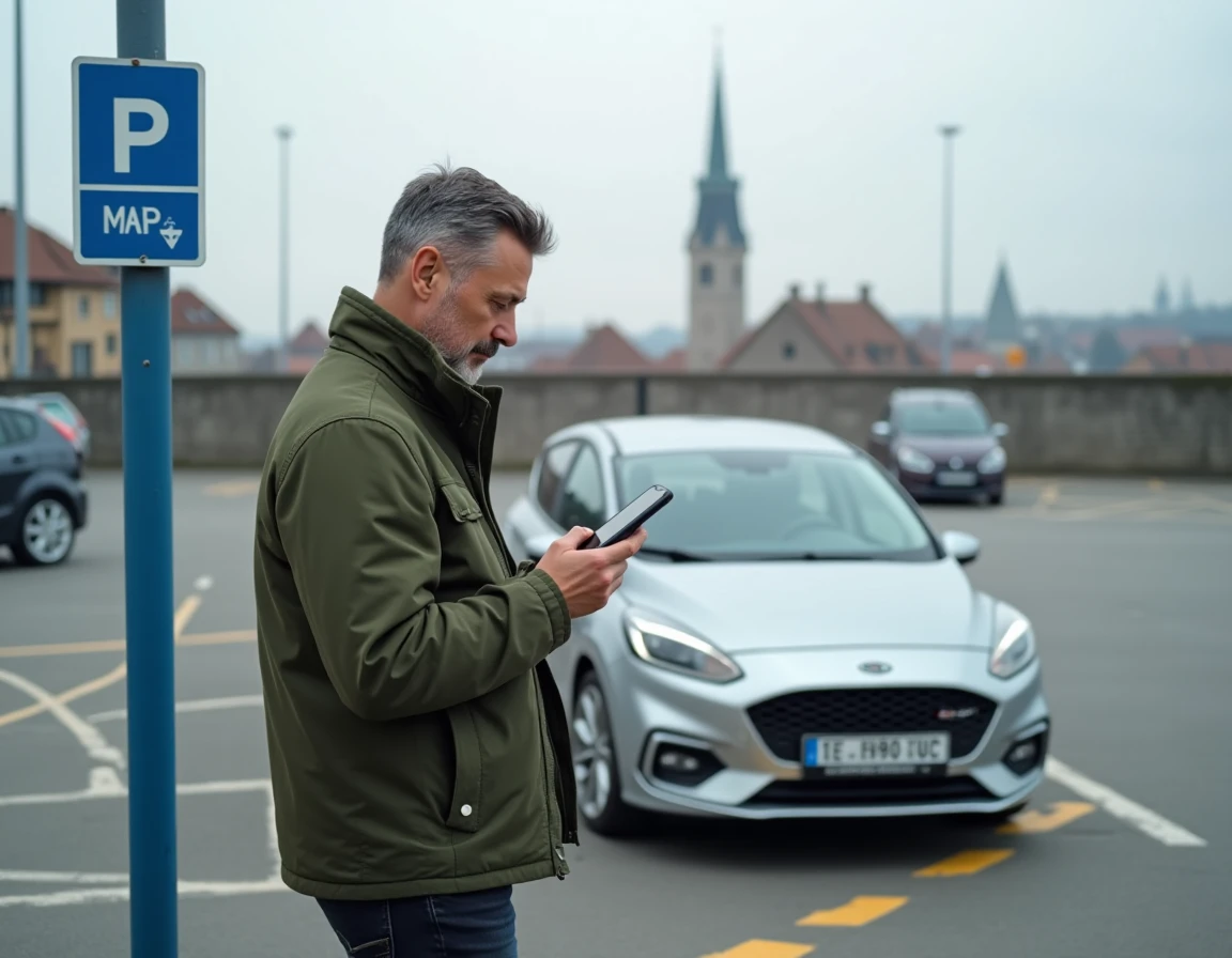 Homme consultant l'application Easy Park sur smartphone dans un parking extérieur de Colmar avec panneau de stationnement et cathédrale visible en fond