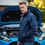 Homme regardant le moteur d'une voiture de rallye moderne