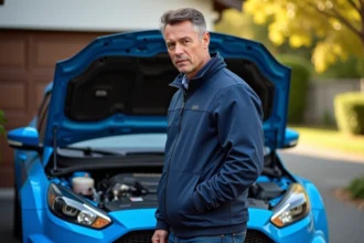 Homme regardant le moteur d'une voiture de rallye moderne