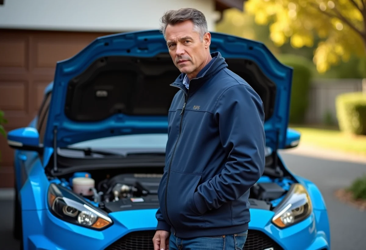 Homme regardant le moteur d'une voiture de rallye moderne