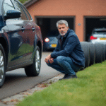 Homme d'âge moyen examinant des pneus de voiture dans la cour