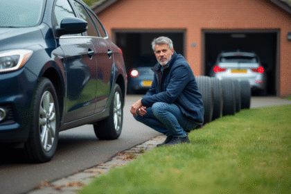 Homme d'âge moyen examinant des pneus de voiture dans la cour