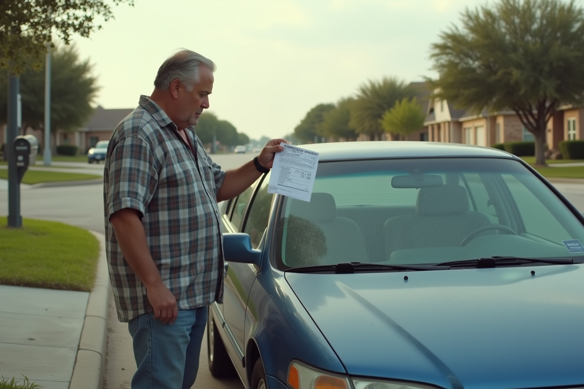 Homme hispanique regardant un ticket sur son pare-brise