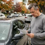Homme inquiet tenant des documents d'assurance à côté d'une voiture accidentée sans assurance valide