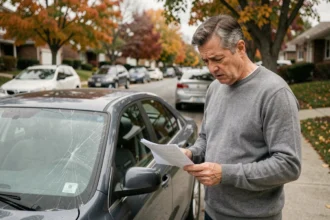 Homme inquiet tenant des documents d'assurance à côté d'une voiture accidentée sans assurance valide