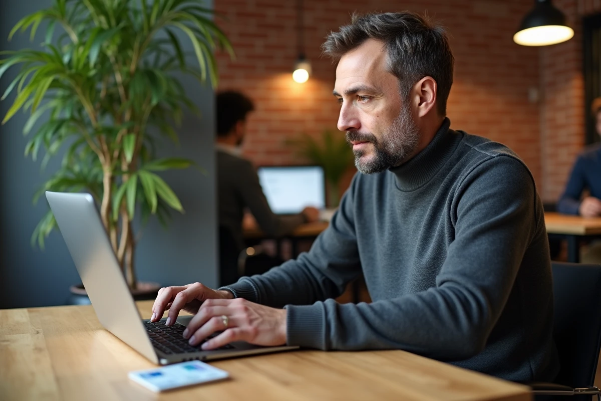 Homme utilisant son permis de conduire pour retrouver sa date de délivrance lors d'une inscription en ligne
