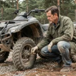 Homme inspectant un quad non homologué route garé sur un sentier en gravier en forêt
