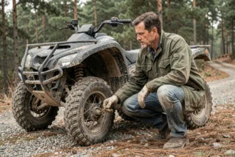 Homme inspectant un quad non homologué route garé sur un sentier en gravier en forêt