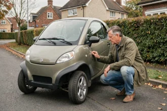 Homme examinant une voiture sans permis d'occasion dans une rue résidentielle