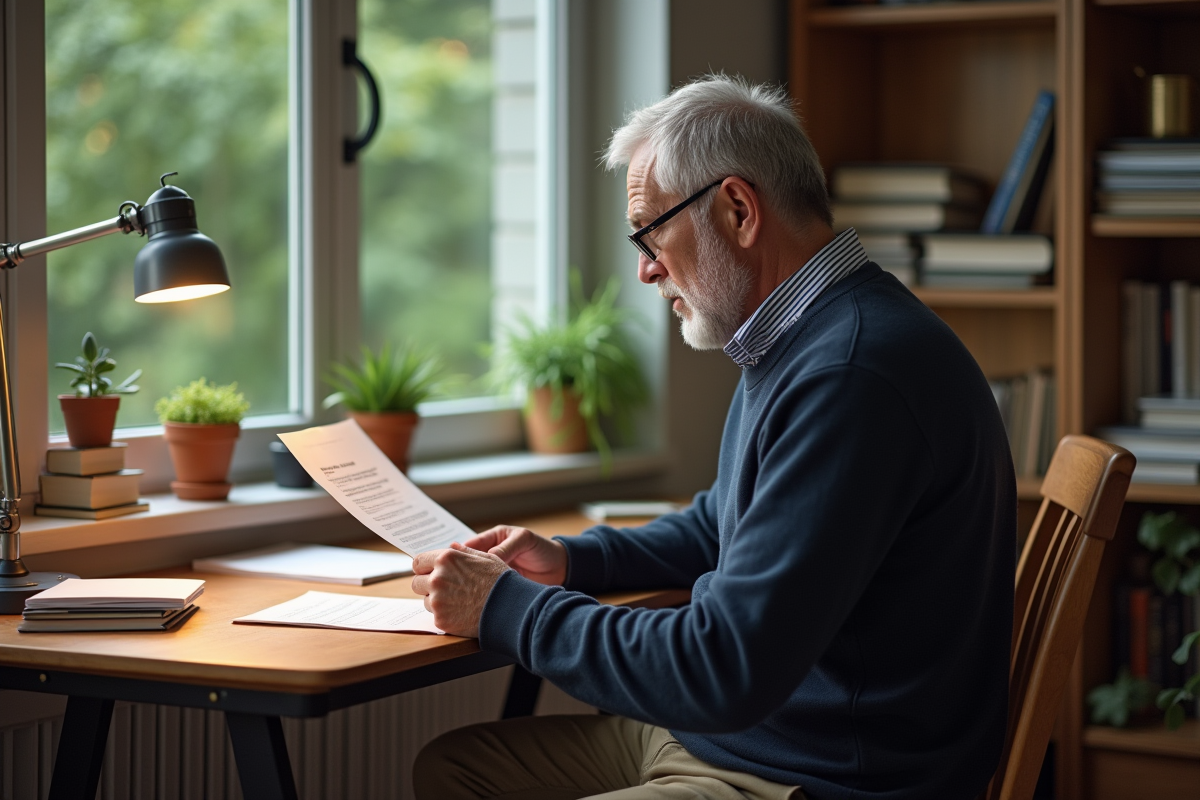 Homme lisant une lettre importante dans son bureau à la maison