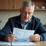 Homme d'âge moyen examinant documents de voiture à la maison