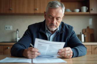 Homme d'âge moyen examinant documents de voiture à la maison