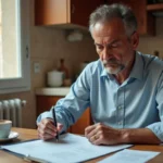 Homme lisant une amende italienne à son domicile avec un stylo à la main, prêt à rédiger une contestation