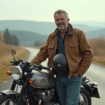 Homme souriant avec moto Honda CB750 en campagne