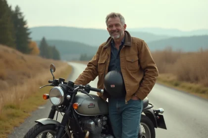 Homme souriant avec moto Honda CB750 en campagne