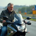 Homme en veste moto sur Kawasaki GTR en pause sur l'autoroute