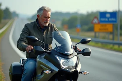 Homme en veste moto sur Kawasaki GTR en pause sur l'autoroute