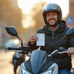 Homme en casque avec permis moto sur une moto moderne en ville
