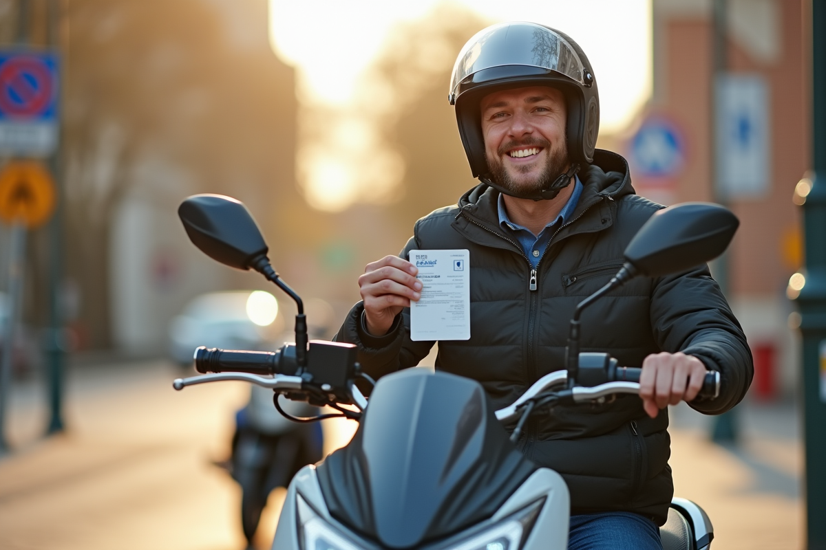 Homme en casque avec permis moto sur une moto moderne en ville