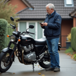 Homme d'âge moyen avec moto cassée dans une cour
