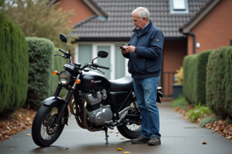 Homme d'âge moyen avec moto cassée dans une cour