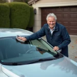 Homme souriant nettoyant la voiture en automne