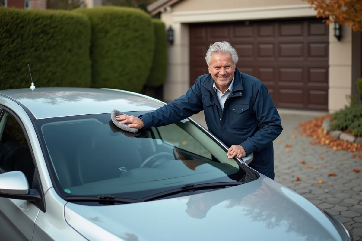 Homme souriant nettoyant la voiture en automne