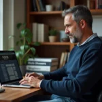 Homme d'âge moyen sur un bureau maison avec ordinateur et livres