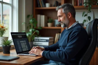 Homme d'âge moyen sur un bureau maison avec ordinateur et livres
