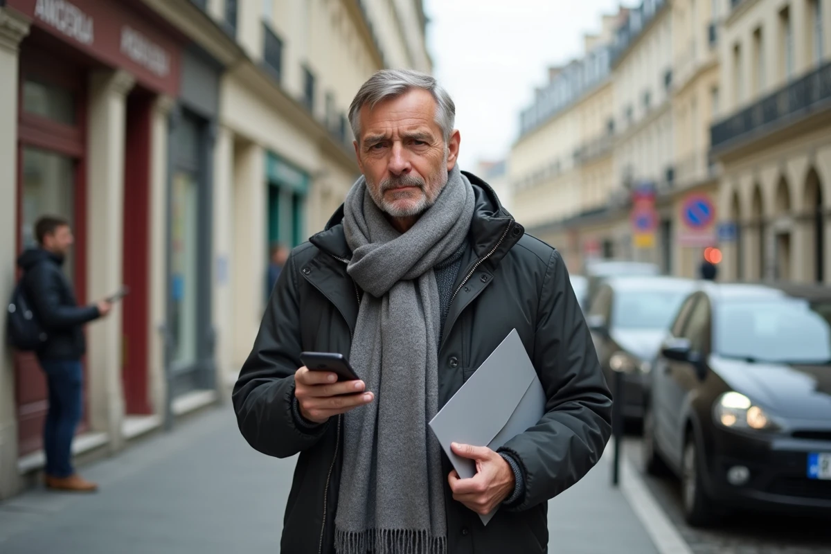 Homme français avec enveloppe et smartphone dans la rue