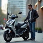 Homme contemplant un maxiscooter en ville