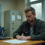 Homme inquiet assis dans un commissariat avec papiers