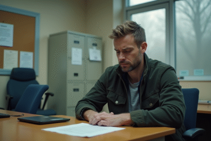 Homme inquiet assis dans un commissariat avec papiers