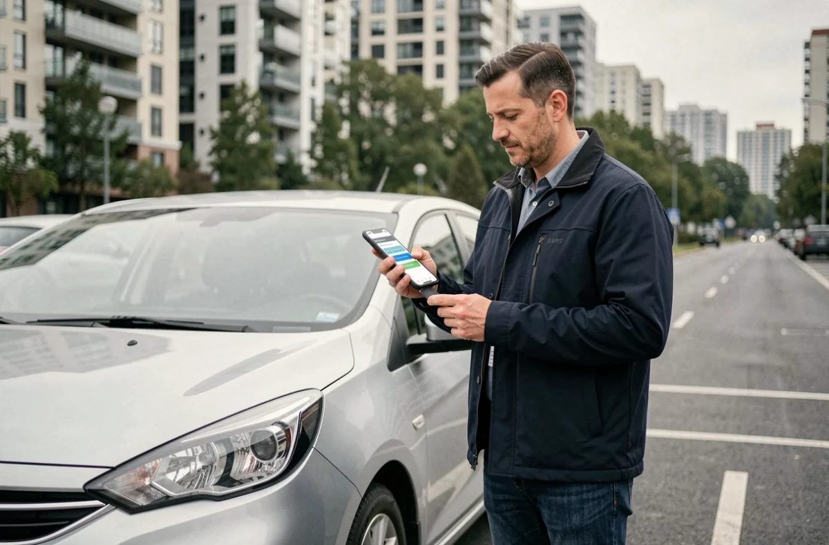 Homme consultant une application d'assurance voiture sur smartphone à côté de son véhicule en ville