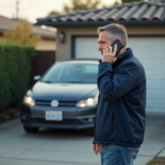 Homme d'une quarantaine avec smartphone devant garage